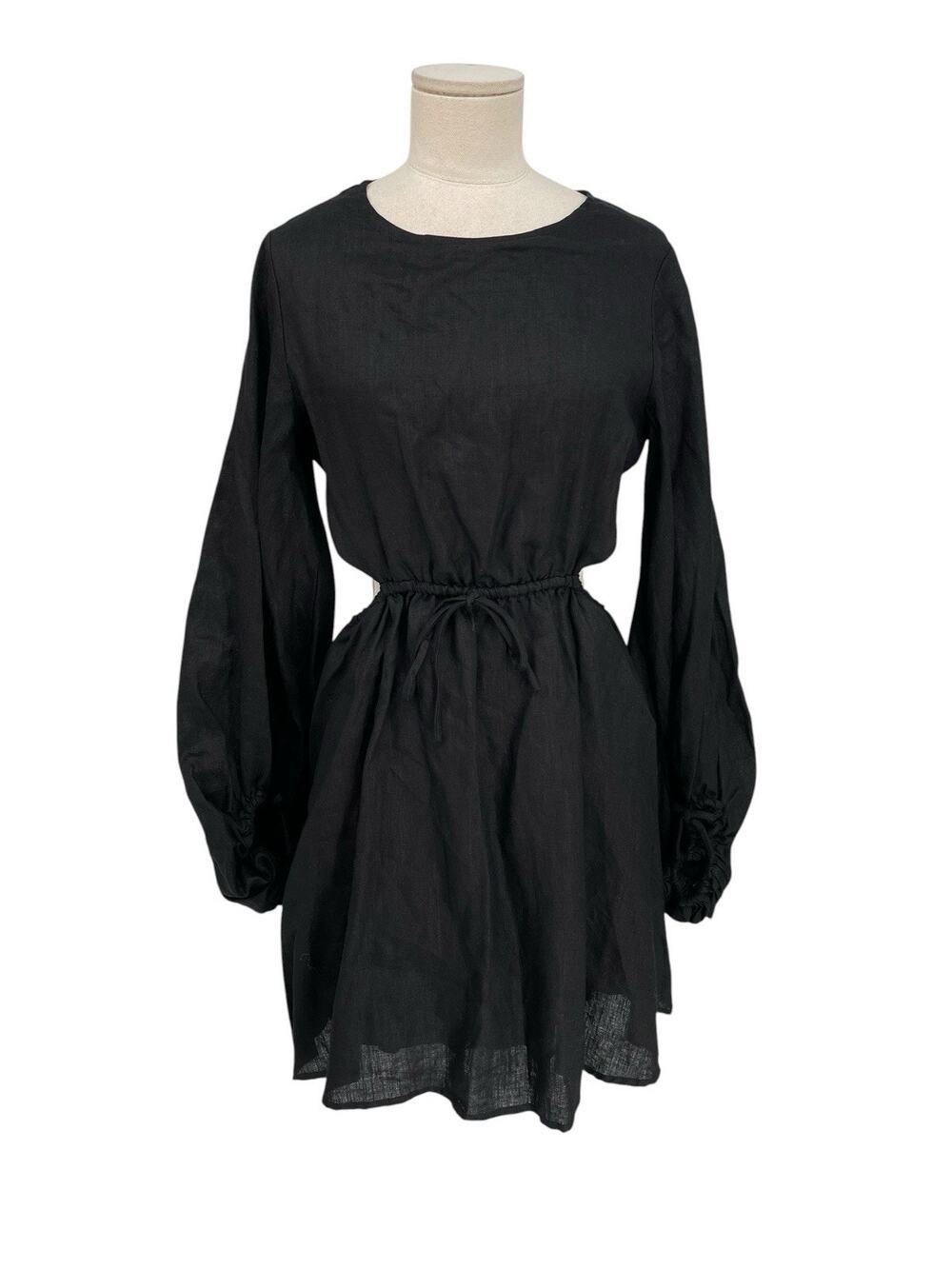 Dissh Molly Dress Black Linen Mini Balloon Sleeves Cut Out Size 6